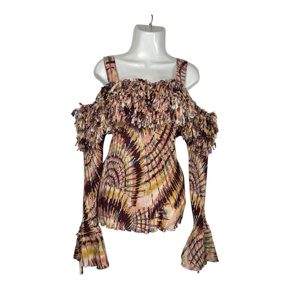 Kaelyn Max II Top 1X Pink Brown Cold Shoulder Pleated Fringe Y2K Art Fairy Boho